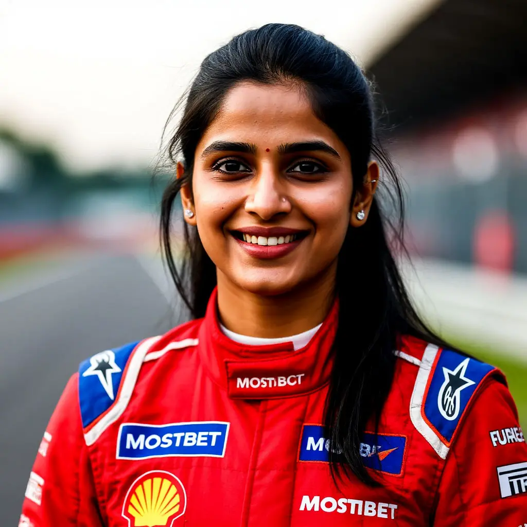 Driver Priya Sharma in Mostbet-branded suit