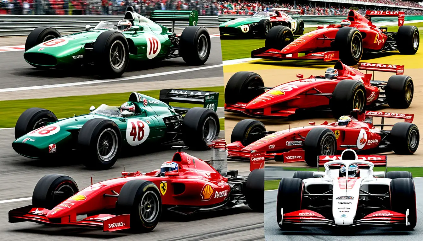Vintage-to-modern Formula 1 collage with Mostbet sponsor banners