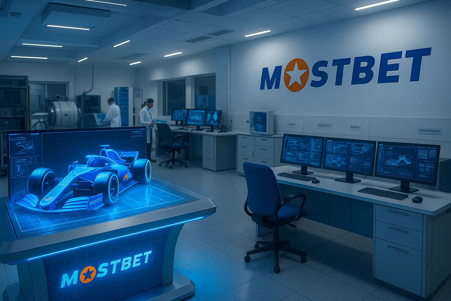 Futuristic Formula 1 lab with Mostbet branding
