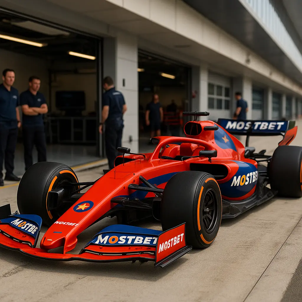 Formula 1 car with Mostbet branding in pit lane