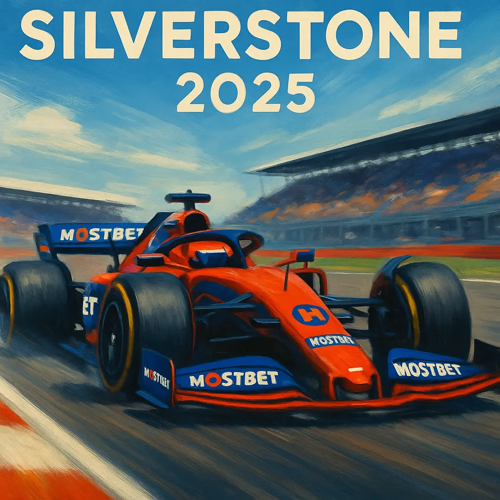 Silverstone 2025 race poster with Mostbet branding
