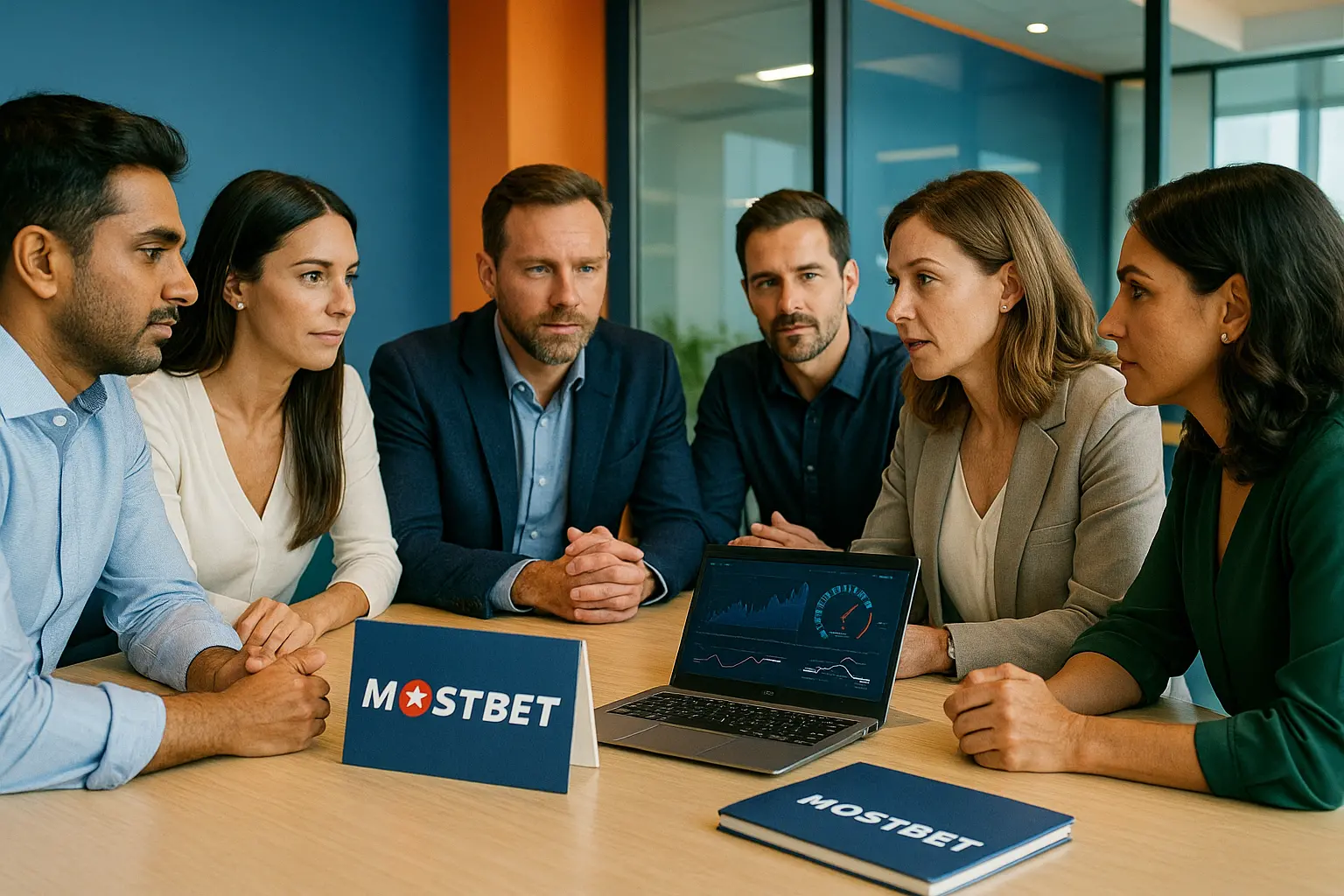Team meeting with Mostbet branding